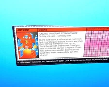 1984 G1 TRANSFORMERS GEARS AUTOBOT TECH SPEC FILE CARD 100% ORIGINAL !!!