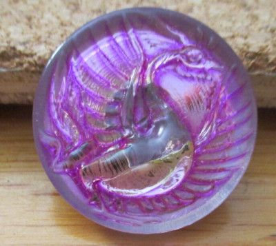 1-Czech Glass Purple and Clear Phoenix on a Silver Back Button #92 21.05mm