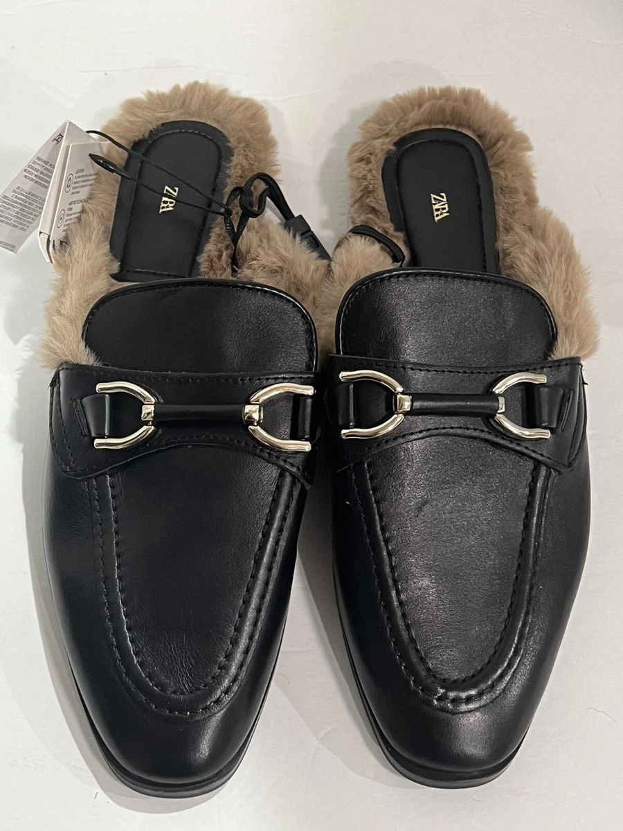 NWT ZARA Black Leather Slip On Mules Faux Fur Shoes Sz 7 1 2 Women