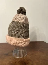Beanie Knitted With Acrylic Yarn Pink And Brown With  Brown Fluffy Pom Pom