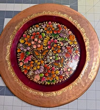 Copper decorative plate, El Portón hand-painted floral and butterfly design