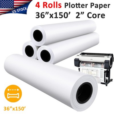 4 Rolls 36'' x 150' CAD Bond Plotter Paper Wide Format Inkjet Printers 2'' Core