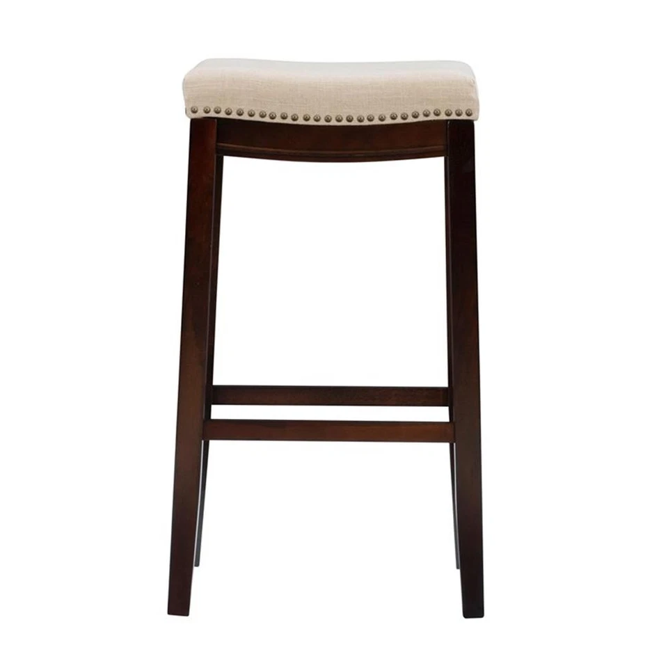 Linon Hampton Bar Stool Beige Padded Seat Wood Frame in Dark Walnut Brown - Image 4 of 4