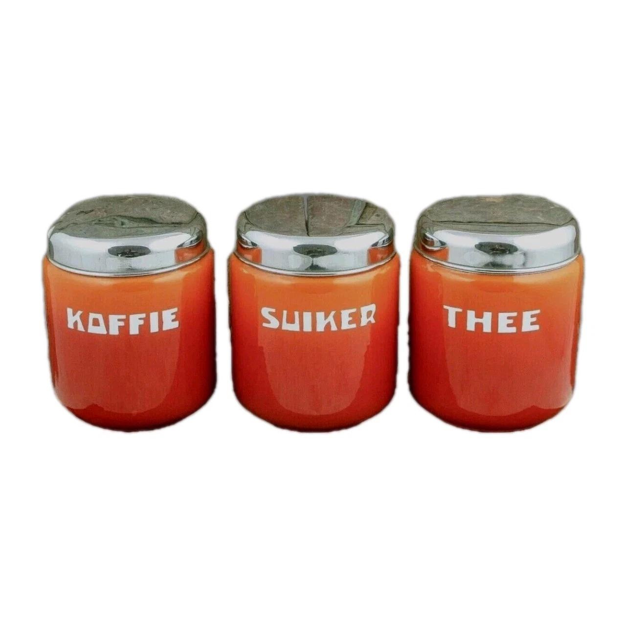 Vintage CANISTER SET Enamelware Coffee Sugar Tea Orange Flamed Dutch Enamel Jars