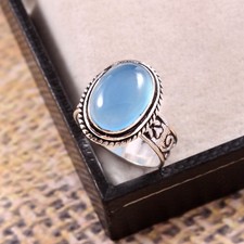 925 Sterling Silver Natural Blue Chalcedony Gemstone Jewelry Ring US All Size 