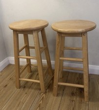 Pair of Solid Wood Kitchen Breakfast Bar Stools Round Seat Wooden 53cm High