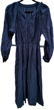 Women's Dress Dark Blue Romantic Knee Length Textured Peasant Elastic Waist
