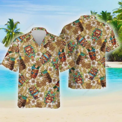 Tiki Mask Hawaiian Shirt Tropical Hibiscus Aloha Summer Beach Island