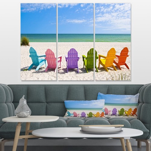 Designart "Adirondack Beach Chairs" Seashore Photo Canvas Blue 36 in. wide x 28