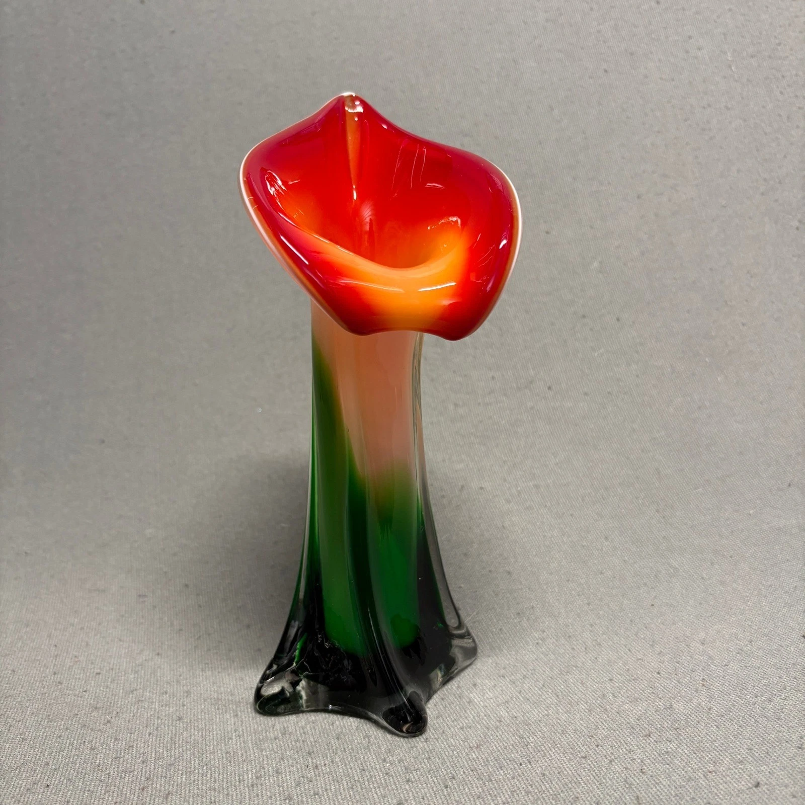 Art Glass Calla Lily Style Vase Red Green Clear Hand Blown Sculptural