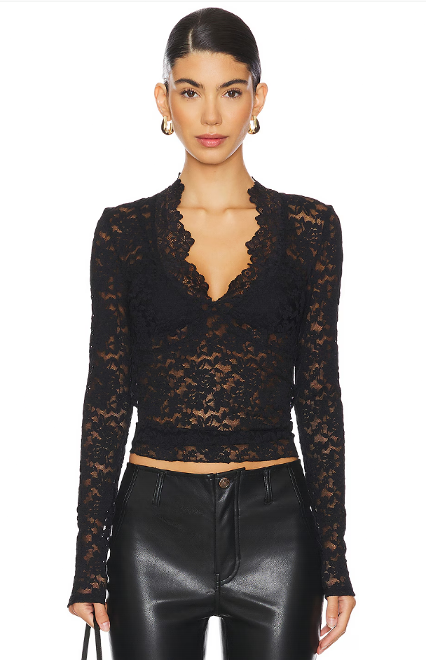 FREE PEOPLE x Intimately FP All Day Lace Long Sleeve Top In Black (NEW)