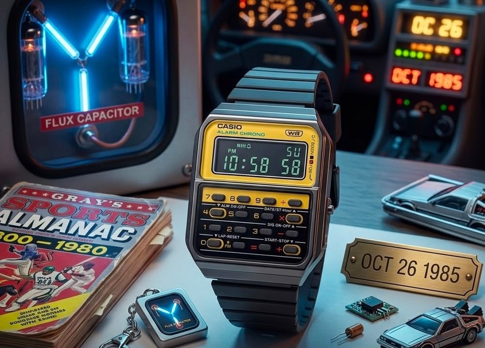 Casio CA-500WEGG-9BD Vintage Calculator Watch Gunmetal Yellow Back to the Future
