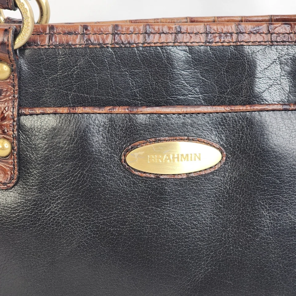 Brahmin Tote Shoulder Bag Black Brown Croc Embossed Leather Satchel Golden H - Image 4 of 4