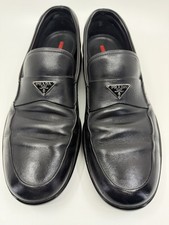 Vintage Prada Black Leather Loafers Men’s US 11 Triangle Logo Slip On Italy