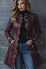 New Women's Burgundy Genuine Leather Long Biker Coat Handmade Trench coat Zipper