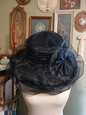 Vintage Lace Chiffon Ruffle Layered black derby hat wide brim Bow 1980s Banquet