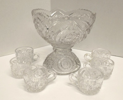 Antique Childs EAPG Whirlybird Gig Buzz Star Punch Bowl  And 6 Matching Cups
