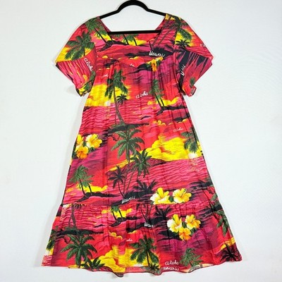 Ali'i Fashions Hawaii Maxi Dress Womens Medium Tropical Aloha Palm Tree Sunset