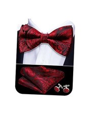 Paisley Striped Bow Tie for Men Silk Pre-Tied Bowtie Pocket Square Red Black