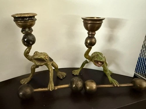 Antique Fantastic Cold painted Vienna Bronze Frog Pair Candle Holders