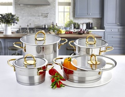 Elit Collection 8-teiliges Edelstahl Kochgeschirr Set (goldene Griffe)