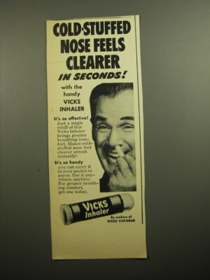 1950 Vicks Inhaler Ad - Cold-Stuffed nose feels clearer in seconds