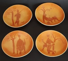 4 MCM Italy Sica Sicart Bowls Plates Oval Amber Hunter and Bird Theme Story