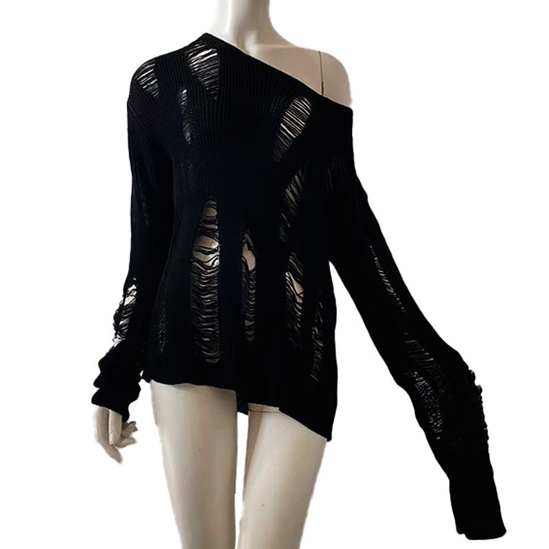 HOT HEW Punk Rave Goth Rock Fashion Black Knit Sweater Shirt Tops Steampunk Sexy