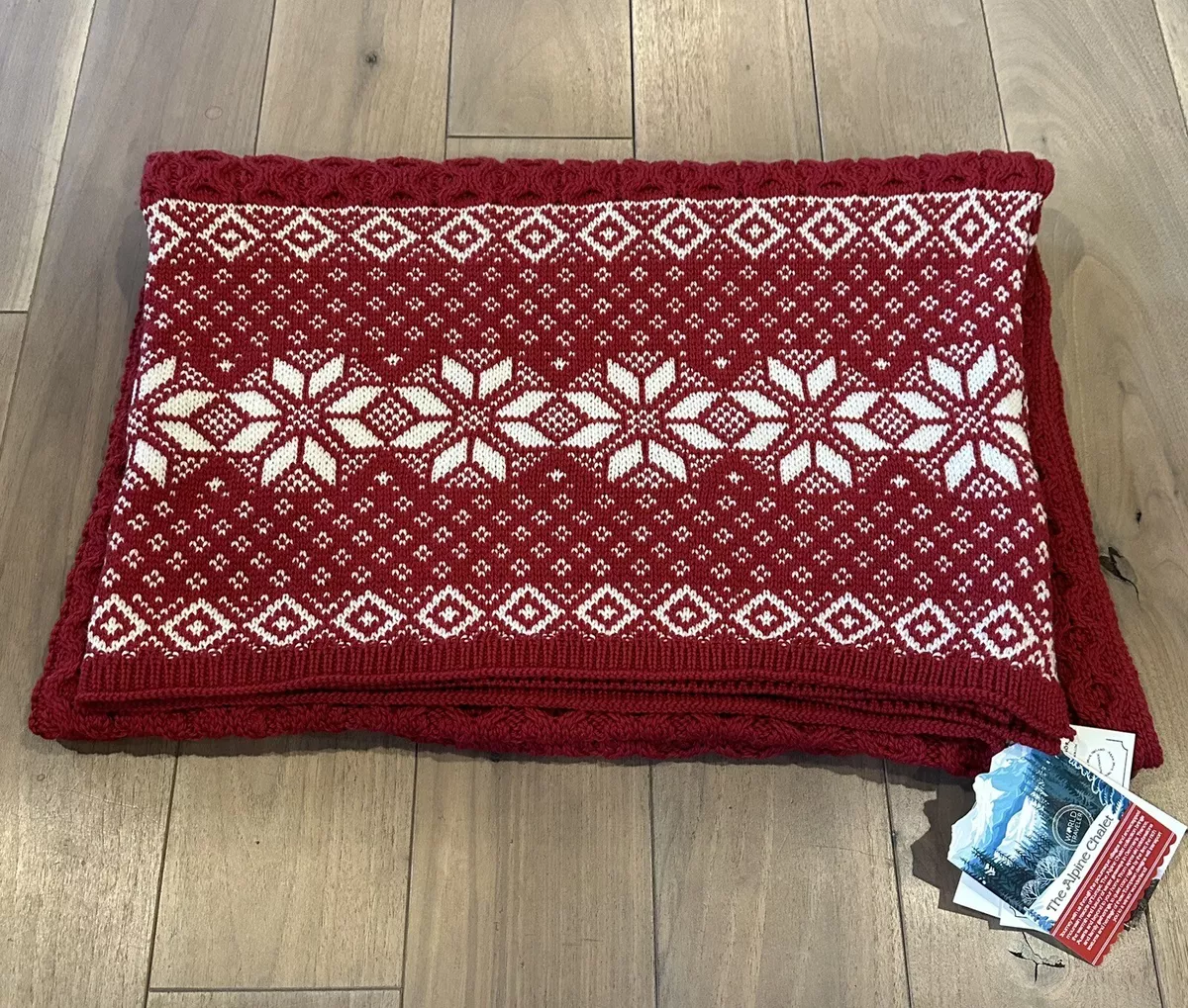 ARAN MOR Merino Wool Soft Red Snowflakes Knit THROW BLANKET 40 x