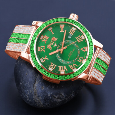 New Icy Green Baguette Rose Gold Tone Green Face Dial Custom Band Luxury Watch