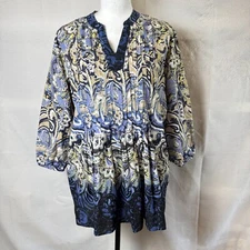 Style & Co. Cotton Boho Long Sleeve Bule Tunic Top Size S Cottagecore Colorful