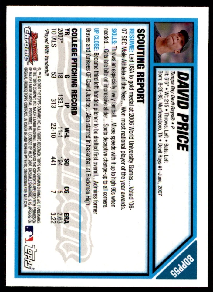 2007 Bowman Chrome Draft Draft Picks #BDPP55 David Price - Image 2 of 2