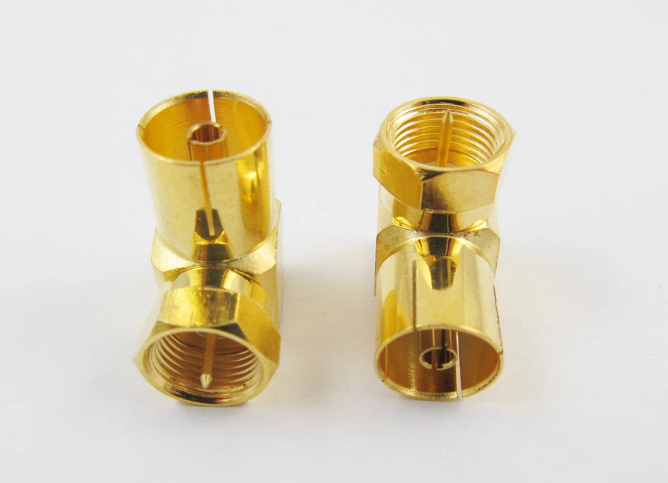 Gold F Plug Male To IEC PAL DVB-T TV Female Right Angle 90° RF Connector Adapter - Image 2 of 3