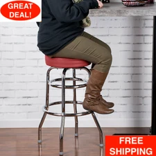 Silver Double Ring Barstool w/ 3 1/2" Thick Crimson Vinyl Padded Swivel Seat New