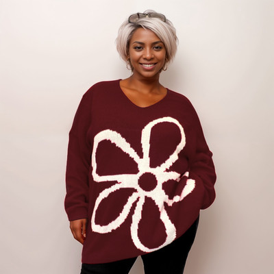 ROCKTHOSECURVES DAMEN PULLOVER PULLI OVERSIZED V-AUSSCHNITT STRICK GROSSE BLUMEN