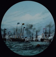 1853 NAVAL REVIEW AT SPITHEAD - ROYAL NAVY RIGGED SHIPS Magic Lantern Slide