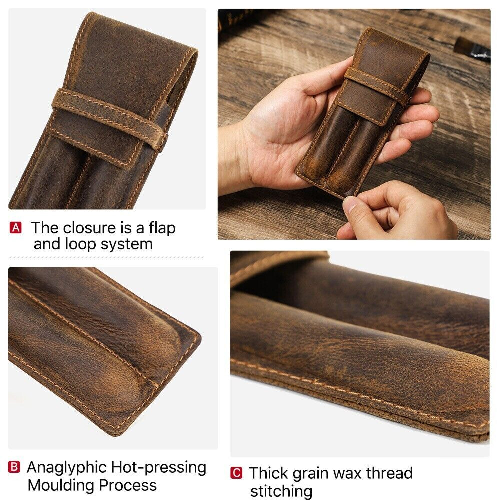 Genuine Leather 2 Slots Pen Cases Pencil Holder Organizer Office Pen Storage Bag