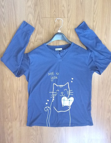 Sz XXL Womens Sweater long-sleeved buttons With Design me you cat ! color Blue