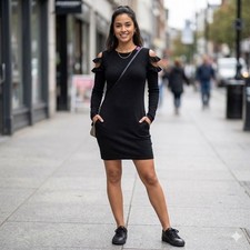 Say What? Womens Size Large Black Cold Shoulder Dress Long Sleeve Knit Mini Chic