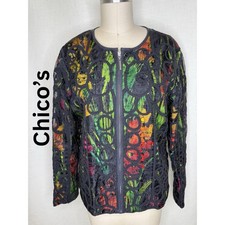 Chico  s Art Jacket Size 1 Black Lace Overlay Floral Print Zip Front Bold Chic