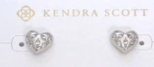 Kendra Scott Holland Heart Stud Earrings in Rhodium Plated / White Crystal NEW