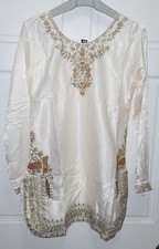 Women's 3pc Satin Silk Kurta Suit w/ Silk Chiffon Dupatta - Ivory - M 38" Chest