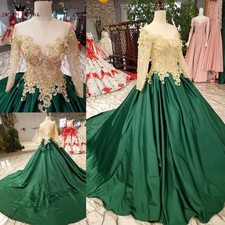 Ball Gown Long Sleeve Satin Wedding Dresses Beading Appliques Luxury Green