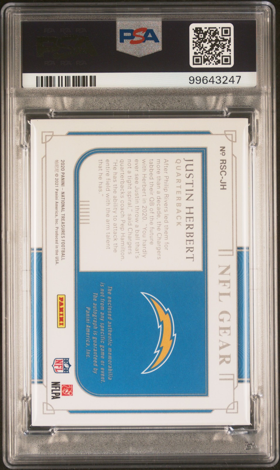2020 PANINI NATIONAL TREASURES JUSTIN HERBERT ROOKIE RC 36/99 PSA 9 DNA AUTO 10 view 2