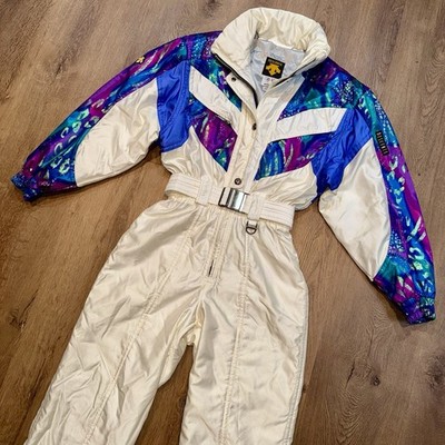 Descente Ski Suit One Piece Snowsuit Womens 8 Snow Bib White Retro