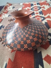 Vintage Mexican Pottery Vase Checker Board by Elsa Ledezima Red Clay
