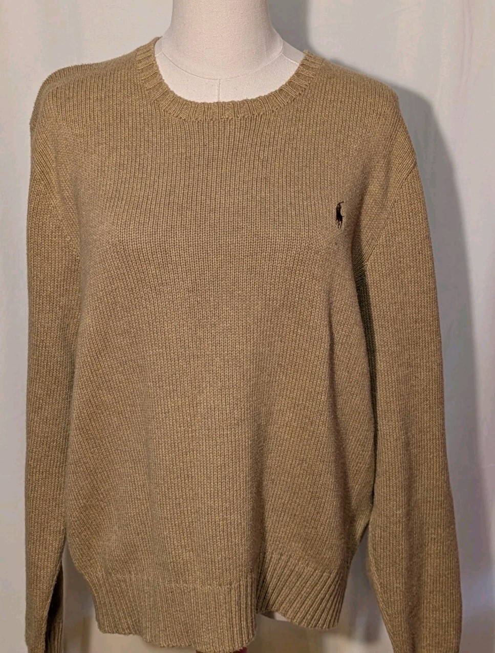 Vintage POLO Ralph Lauren Camel Brown Mens 100% Cotton Sweater Crew Neck L