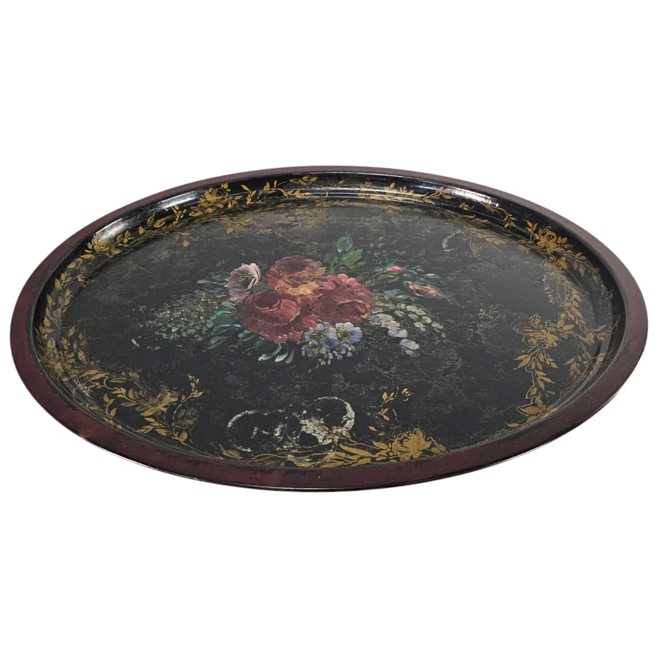 Bandeja Tole Francesa Negra Siglo XIX 24” Pintada a Mano Floral Ovalada Metal Dorado Foto 2 de 4