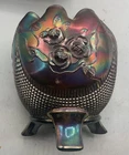 BEAUTIFUL VINTAGE CARNIVAL NORTHWOOD PURPLE FINE CUT ROSES FOOTED ROSE BOWL