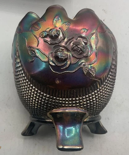 BEAUTIFUL VINTAGE CARNIVAL NORTHWOOD PURPLE FINE CUT ROSES FOOTED ROSE BOWL